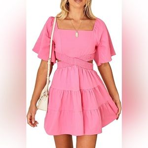 Women's Summer Dress Square Neck Short Sleeves Crossover Waist Mini Dress
